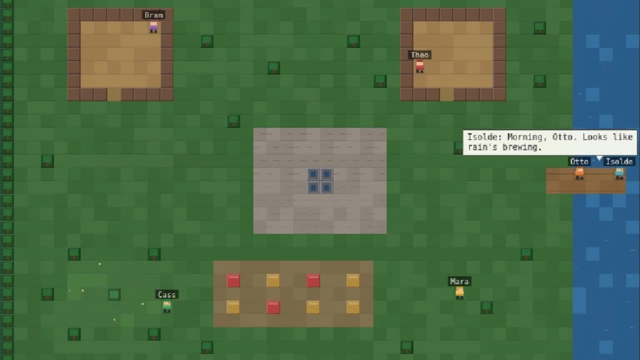 Pixel-art town of Emberwick with villagers Isolde and Otto talking at the dock