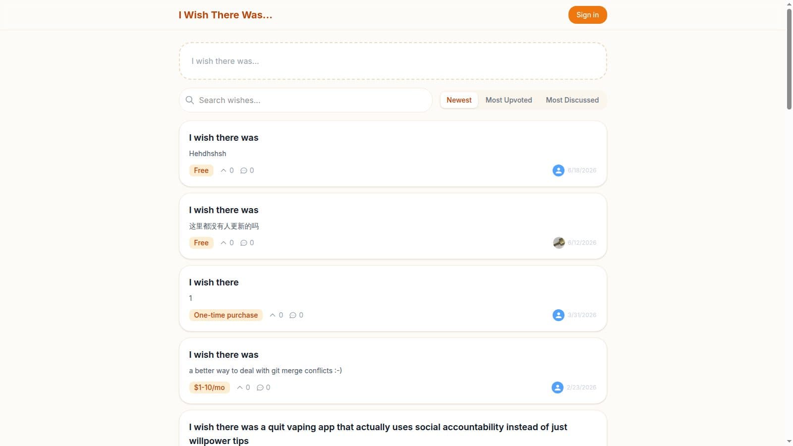 I Wish There Was — feed of user-posted product wishes with upvotes