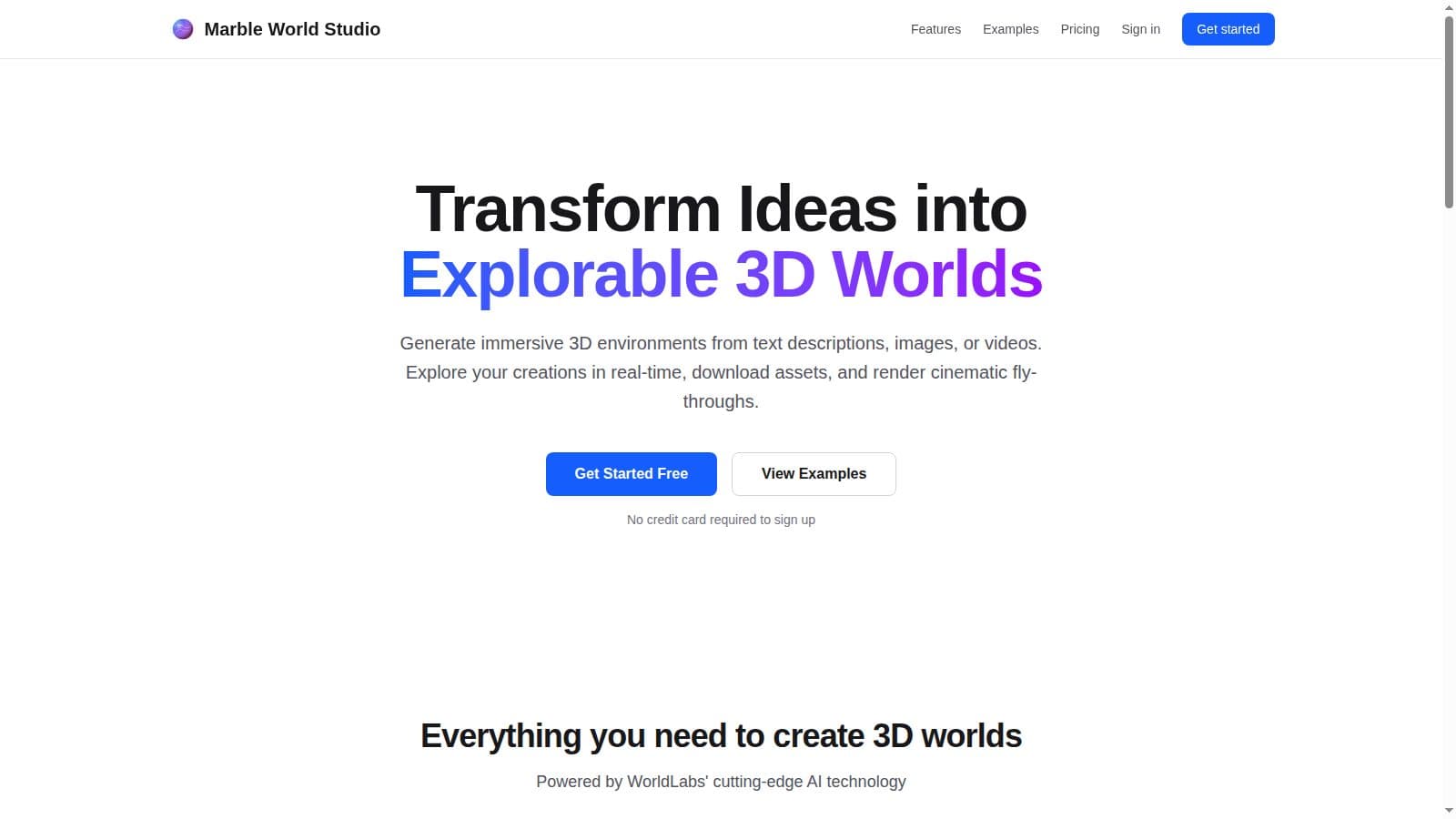 Marble World Studio landing page — Transform Ideas into Explorable 3D Worlds